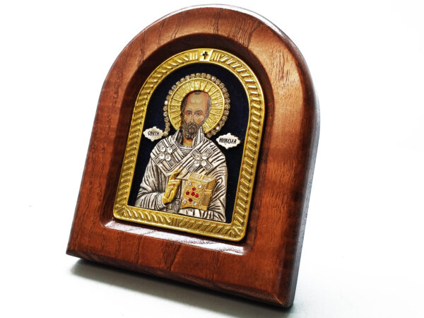 St. Nicholas Icon w Stand: Wood, Silver From Serbian Orthodox Monastery Gift Box - Image 2