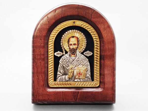 St. Nicholas Icon w Stand: Wood, Silver From Serbian Orthodox Monastery Gift Box