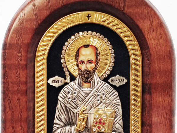 St. Nicholas Icon w Stand: Wood, Silver From Serbian Orthodox Monastery Gift Box - Image 4