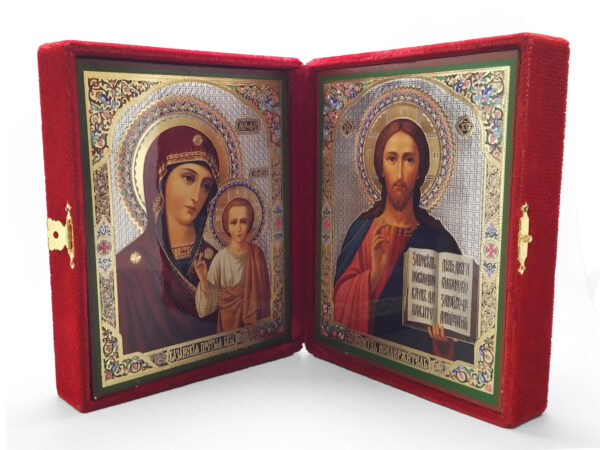 Diptych in Velvet Travel Case Virgin Mary of Kazan and Jesus Christ the Teacher