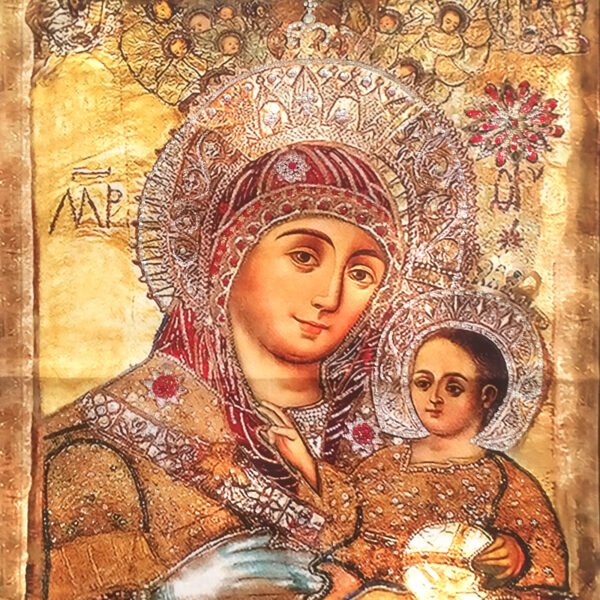 Icon of St. Mary of Bethlehem "Smiling" on fabric. Crystals decorated GREAT GIFT - Image 2