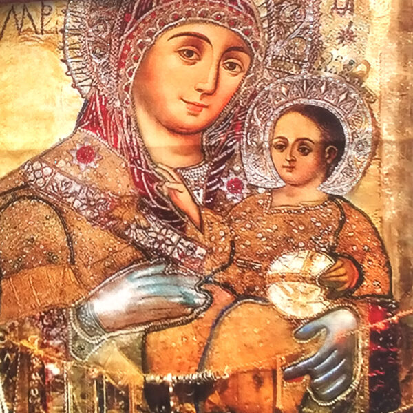 Icon of St. Mary of Bethlehem "Smiling" on fabric. Crystals decorated GREAT GIFT - Image 4