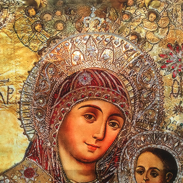 Icon of St. Mary of Bethlehem "Smiling" on fabric. Crystals decorated GREAT GIFT - Image 5