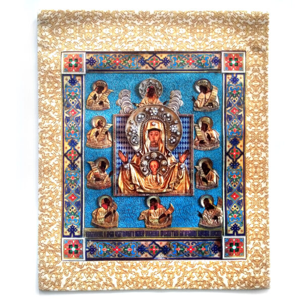 Icon of St. Mary "Rooted" on fabric. Crystals ornaments. Sanctified. GREAT GIFT