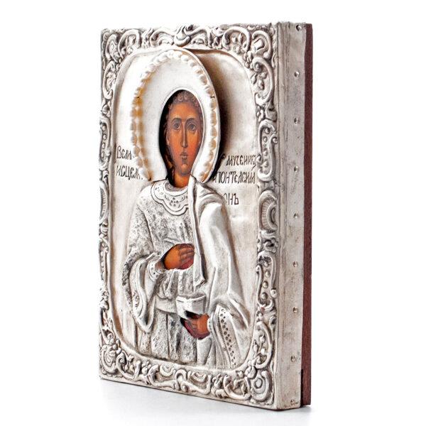 Martyr Saint Panteleimon Icon. Orthodox Christian. Sanctified. Silver-Plated 7x5 - Image 2