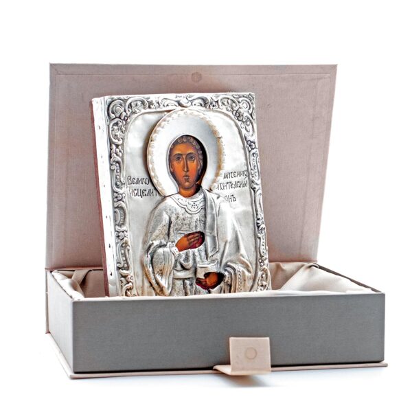 Martyr Saint Panteleimon Icon. Orthodox Christian. Sanctified. Silver-Plated 7x5 - Image 9