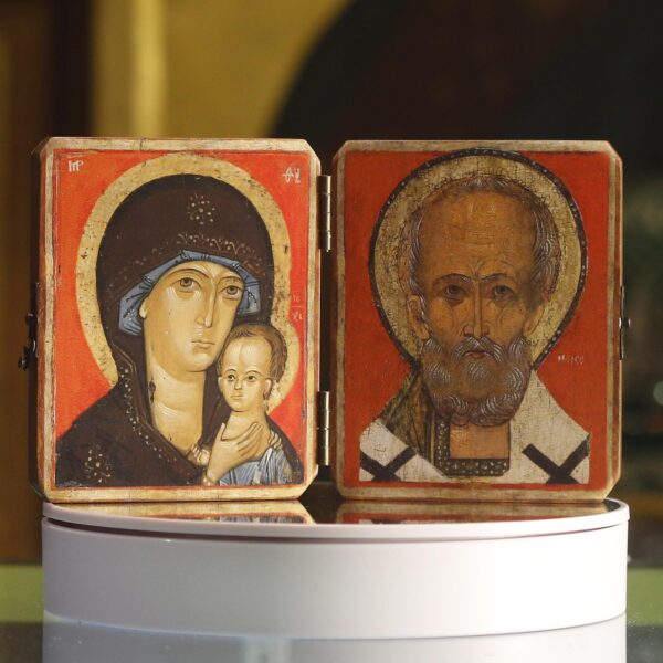 Orthodox Christian Icon Diptych St. Mary & St Nicholas with gems 4.75" x 3.8"