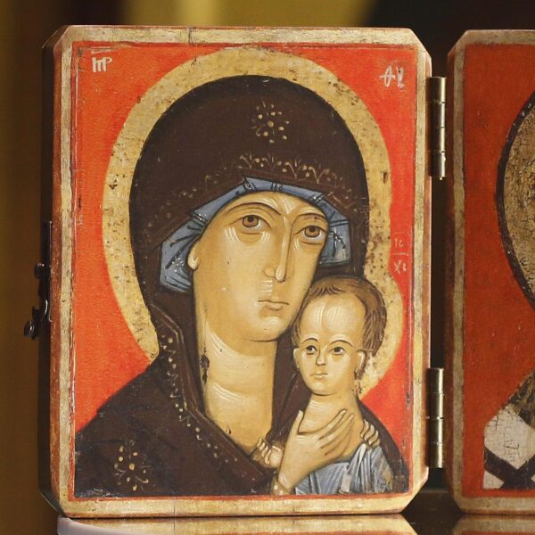 Orthodox Christian Icon Diptych St. Mary & St Nicholas with gems 4.75" x 3.8" - Image 2