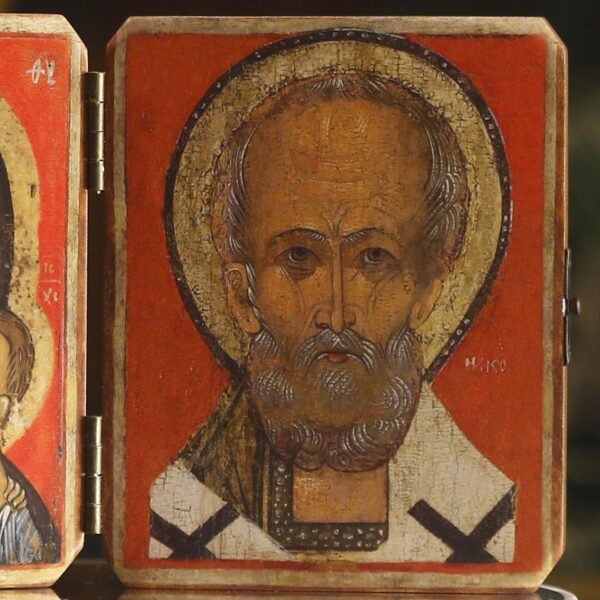 Orthodox Christian Icon Diptych St. Mary & St Nicholas with gems 4.75" x 3.8" - Image 3