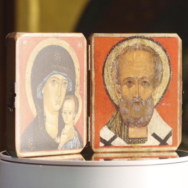 Orthodox Christian Icon Diptych St. Mary & St Nicholas with gems 4.75" x 3.8" - Image 4