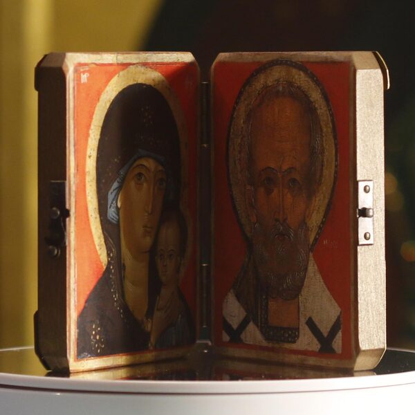 Orthodox Christian Icon Diptych St. Mary & St Nicholas with gems 4.75" x 3.8" - Image 5