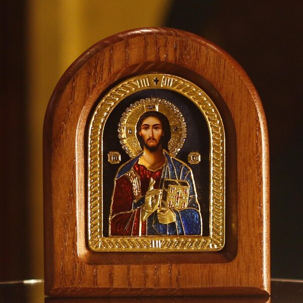 Christ The Savior Icon, Stand: Wood, Silver. Serbian Orthodox Monastery Gift Box