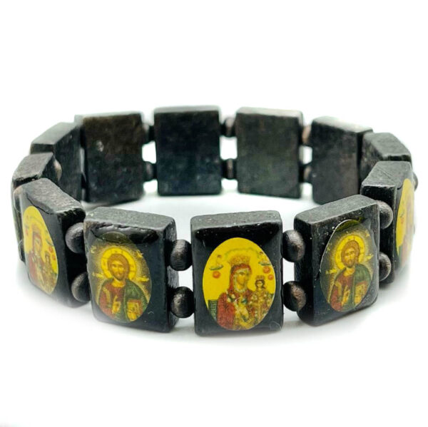 Saints Bead Bracelet, Black Wood Stretch Elastic Religious Icons. Gift