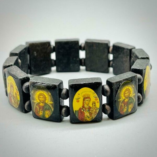 Saints Bead Bracelet, Black Wood Stretch Elastic Religious Icons. Gift - Image 2