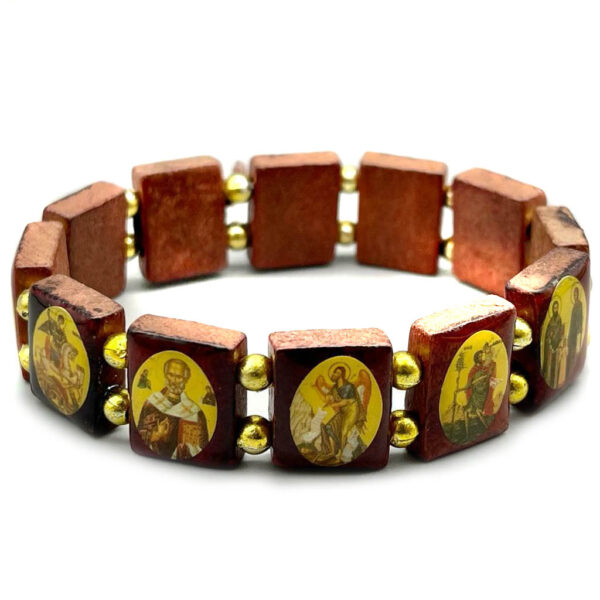 Saints Bead Bracelet, Brown Wood Stretch Elastic Religious Icons. Great Gift