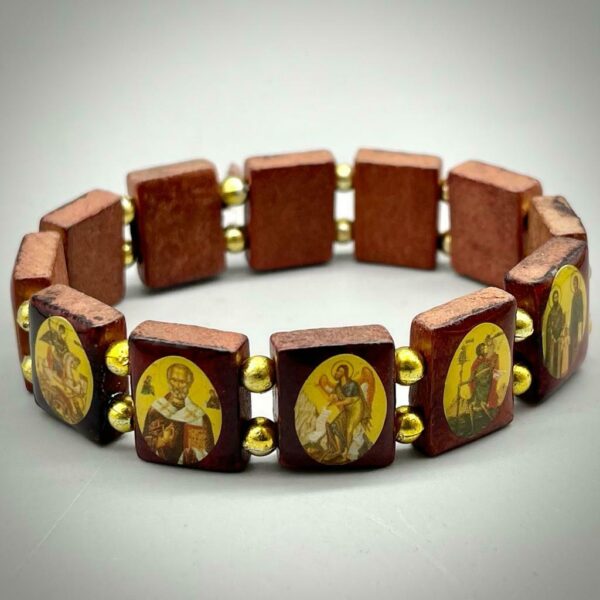 Saints Bead Bracelet, Brown Wood Stretch Elastic Religious Icons. Great Gift - Image 2