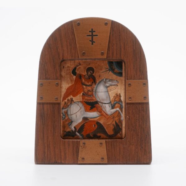 Orthodox Christian table icon: Saint George the Victorious, oak, brass, handmade - Image 2