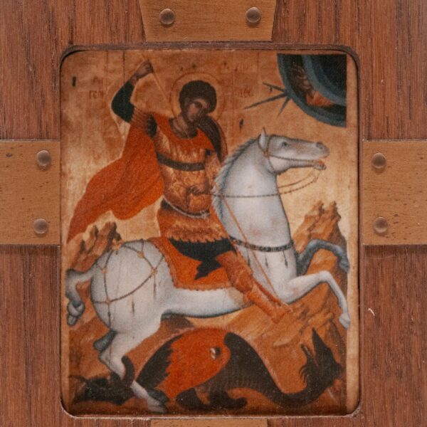 Orthodox Christian table icon: Saint George the Victorious, oak, brass, handmade - Image 3