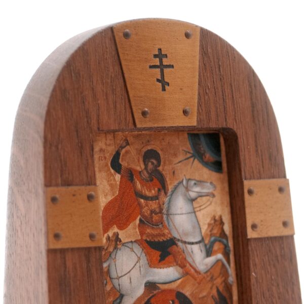 Orthodox Christian table icon: Saint George the Victorious, oak, brass, handmade - Image 5