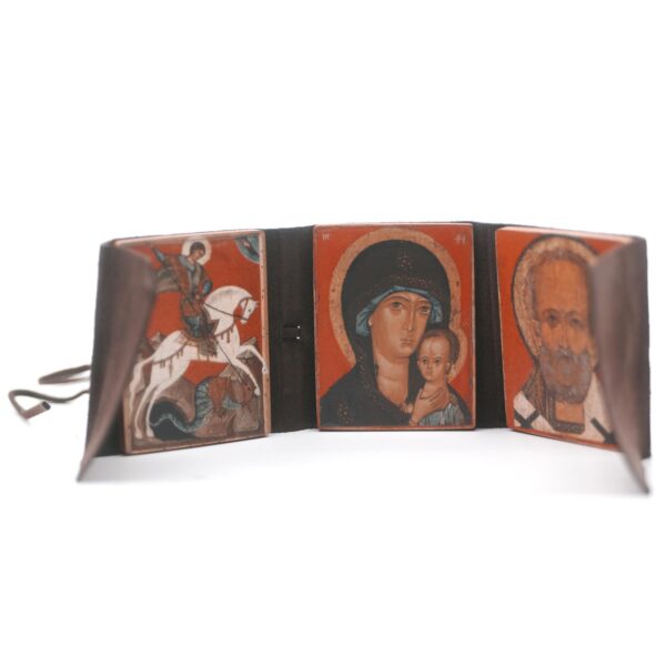 Orthodox Travel Triptych: Icons of St George, St Mary, St Nicholas. Great Gift - Image 2