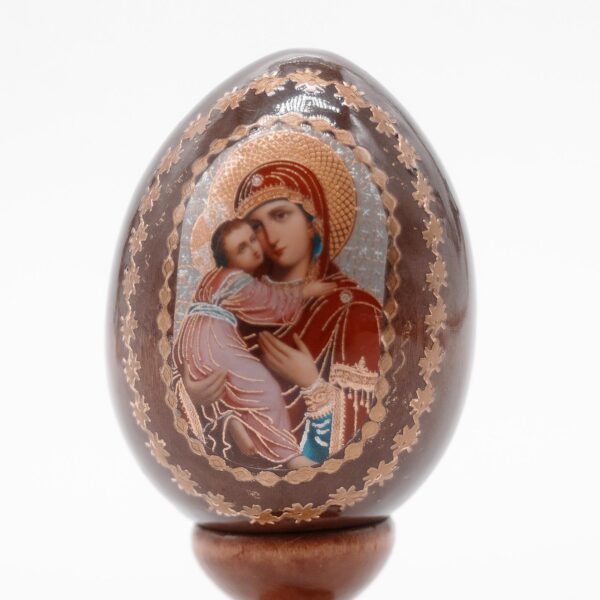 Orthodox Christian icon of St. Mary with Jesus on Wooden Egg 1.7"x4" Easter Gift - Image 2